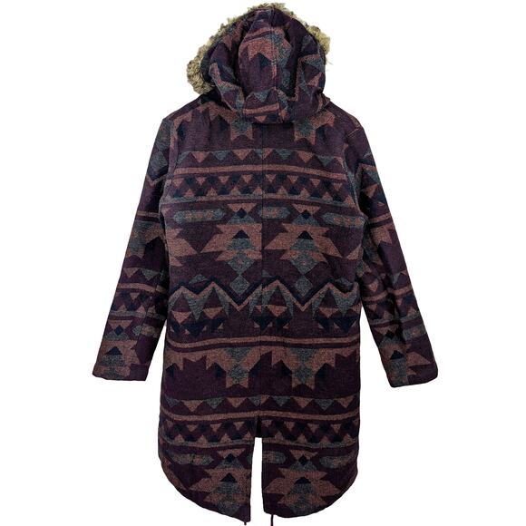 BB Dakota Aztec Fur Trim Coat Blanket Southwestern Dusty Parka Winter Jacket S - Picture 3 of 12